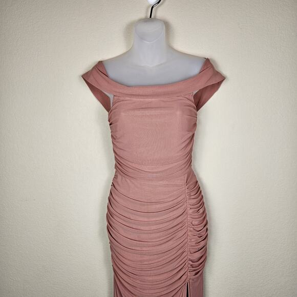 Lulus Revel Romance Formal Dress Size S Off Shoulder Rose Long Maxi Ruched Mesh - Picture 6 of 16